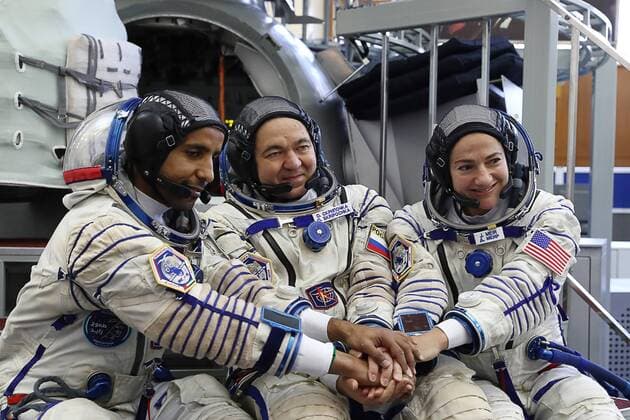 MOSCOW REGION, RUSSIA â€“ AUGUST 30, 2019: ISS Expedition ISS-61 62 EP-19 prime crew members, the United Arab Emirates first astronaut Hazza Al Mansouri, Roscosmos cosmonaut Oleg Skripochka, and NASA astronaut Jessica Meir (L-R) in spacesuits attend a qualification training session for the upcoming mission to the International Space Station, at the Yuri Gagarin Cosmonaut Training Centre in Zvyozdny Gorodok Star City , Moscow Region. The launch of Expedition ISS-61 62 EP-19 aboard the Soyuz MS-15 spacecraft to the ISS is scheduled for September 25, 2019. Stanislav Krasilnikov TASS  TS0B8923