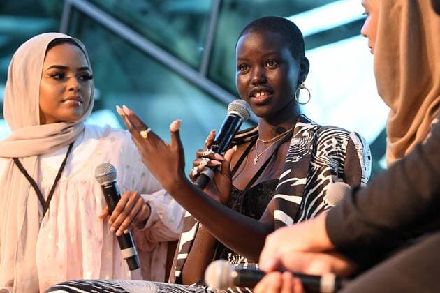 MELBOURNE FASHION WEEK, Model Adut Akech speaks during a panel discussion during the First Modest runway event at Deakin Edge, Federation Square in Melbourne, Saturday, August 31, 2019. ( NO ARCHIVING, EDITORIAL USE ONLY, NO USE IN BOOKS WITHOUT CONSENT MELBOURNE VIC AUSTRALIA  Copyright: xJAMESxROSSx 20190831001415761047
