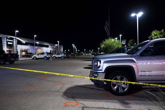 August 31, 2019, Odessa, Texas, USA: Crime tape blocks off an area at a dealership where a gunman opened fire in Odessa, Texas. The gunman, who hijacked a U.S. Postal Service van, drove through the towns of Midland and Odessa fatally shooting five people and wounding 21 others earlier in the day. Odessa USA - ZUMAj106 20190831_zap_j106_004 Copyright: xJoelxAngelxJuarezx
