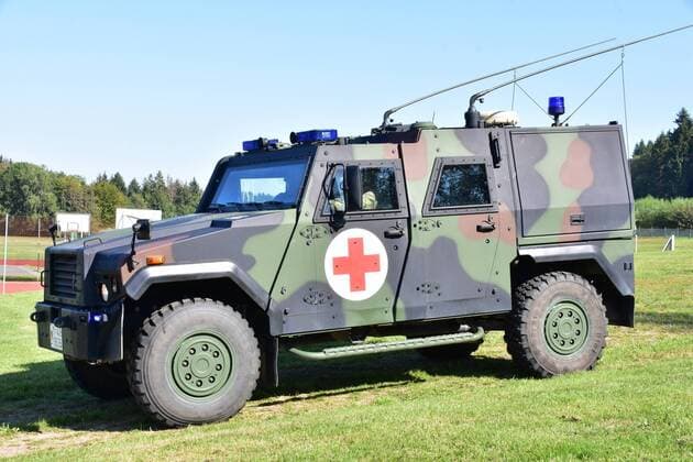 Paramedics recover an injured person with the armoured ambulance EAGLE IV during the Open Day of the Medical Regiment 2 in Rennerod in the Westerwald Rennerod Rhineland Palatinate Germany