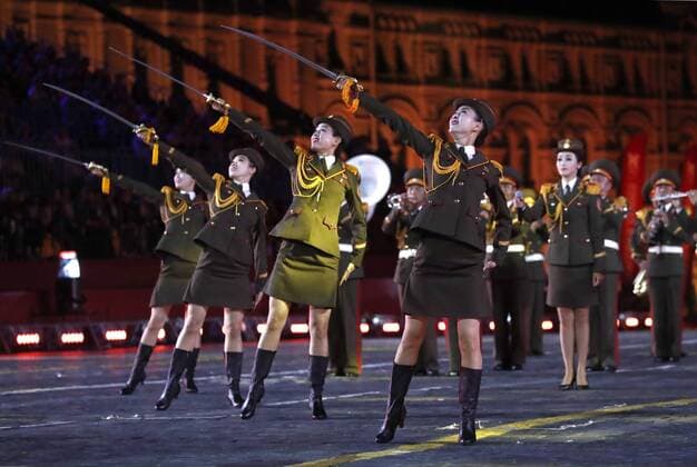 MOSCOW, RUSSIA - SEPTEMBER 1, 2019: The Military Band of the North Korean People s Army perform during the closing ceremony of the 12th Spasskaya Tower International Military Music Festival in Red Square. Artyom Geodakyan TASS  TS0B8FA4