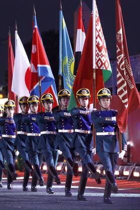 MOSCOW, RUSSIA - SEPTEMBER 1, 2019: Servicemen of the special guard troop of the Kremlin Regiment, part of the Russian Federal Protective Service, during the closing ceremony of the 12th Spasskaya Tower International Military Music Festival in Red Square. Artyom Geodakyan TASS  TS0B8FA5