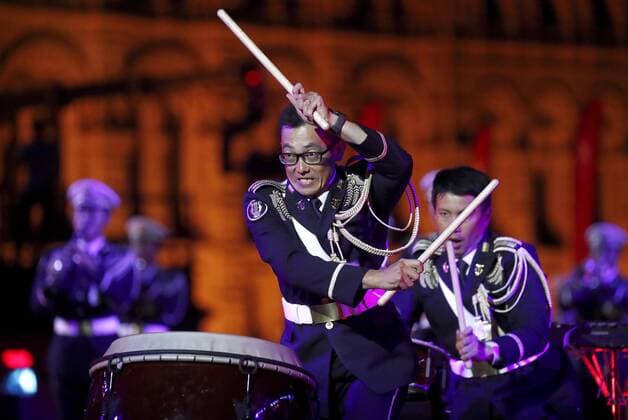 MOSCOW, RUSSIA - SEPTEMBER 1, 2019: The Japan Ground Self-Defense Force (JGSDF) Central Band perform during the closing ceremony of the 12th Spasskaya Tower International Military Music Festival in Red Square. Artyom Geodakyan TASS  TS0B8FA6