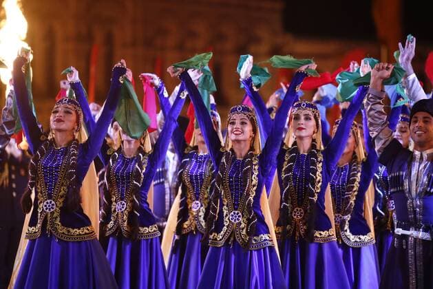 MOSCOW, RUSSIA - SEPTEMBER 1, 2019: Dancers of the Band of Azerbaijan s Heydar Aliyev Higher Military School perform during the closing ceremony of the 12th Spasskaya Tower International Military Music Festival in Red Square. Artyom Geodakyan TASS  TS0B8FB3