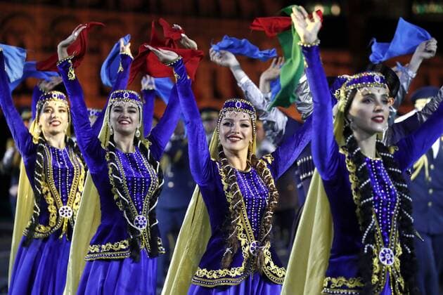 MOSCOW, RUSSIA - SEPTEMBER 1, 2019: Dancers of the Band of Azerbaijan s Heydar Aliyev Higher Military School perform during the closing ceremony of the 12th Spasskaya Tower International Military Music Festival in Red Square. Artyom Geodakyan TASS  TS0B8FDA