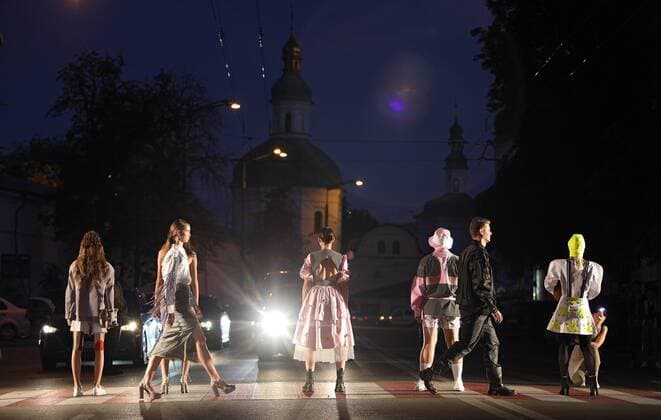 Models cross a road at a zebra crossing as they demonstrate creations by young fashion designers during the Safe Fashion performance at the Ukrainian Fashion Week SS20, Kyiv, capital of Ukraine, September 4, 2019. The performance showcased outfits by the finalists of the Safe Fashion Contest. Designers were to create collections of clothing and accessories with reflective elements to promote road safety. Ukrinform.  Copyright: xDanilxShamkinx