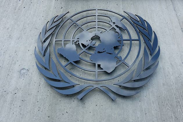 Emblem der Vereinten Nationen Emblem der Vereinten Nationen, 02.08.2019. Genf, Ariane Park, Schweiz, Das Emblem der Vereinten Nationen zeigt eine Weltkarte mit Zweigen des Olivenbaumes. *** Emblem of the United Nations Emblem of the United Nations, 02 08 2019 Geneva, Ariane Park, Switzerland, The emblem of the United Nations shows a world map with branches of the olive tree