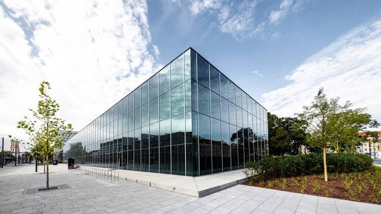 Bauhaus Museum Dessau exterior view glass facade of the Bauhaus Museum Dessau on 7 September 2019 in Dessau Rosslau, Saxony Anhalt, Germany