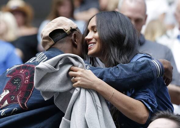 Meghan, Duchess of Sussex hugs Pharrell Williams before Bianca Andreescu of Canada plays Serena Williams in the Women s Final in Arthur Ashe Stadium at the 2019 US Open Tennis Championships at the USTA Billie Jean King National Tennis Center on Saturday, September 7, 2019 in New York City.  NYP20190907102 JOHNxANGELILLO