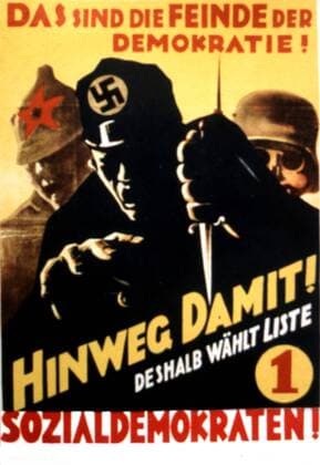 Propaganda election poster for the Social Democratic Party of Germany, 1930 Propaganda election poster for the Social Democratic Party of Germany (SPD): Here are the enemies of the democracy! 1930 Germany Copyright: xPhoto12 ArchivesxSnarkx DFS09A03007