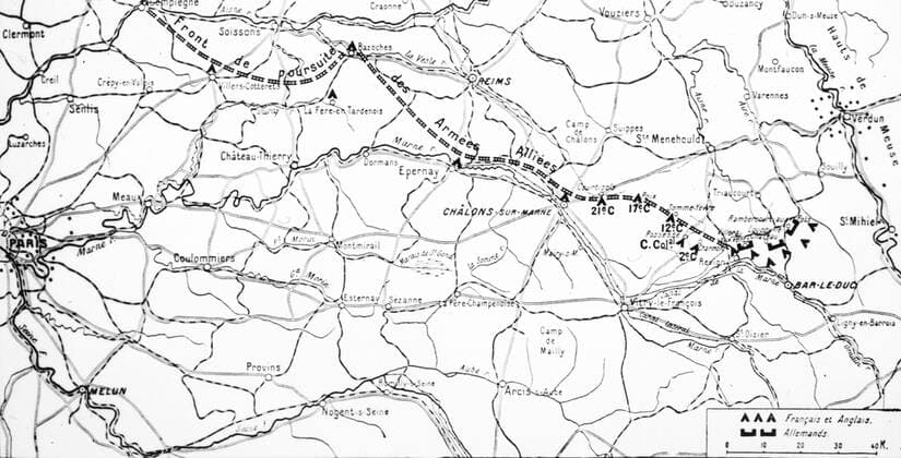 Map of the First Battle of the Marne First World War. Map of the First Battle of the Marne: The French front lines on the 12th September 1914. Copyright: xPhoto12 ArchivesxSnarkx DFS12A00_167