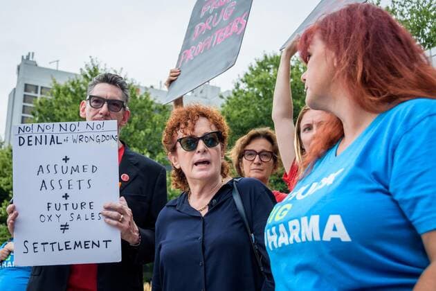 September 12, 2019, New York, USA: Artist and Activist Nan Goldin - Members of P.A.I.N. (Prescription Addiction Intervention Now) and Truth Pharm staged a protest on September 12, 2019 outside Purdue Pharma headquarters in Stamford, over their recent controversial opioid settlement. Participants dropped hundreds prescription bottles of OxyContin while holding tombstones with the names of opioids casualties and banners reading Shame on Sackler and 200 Dead Each Day USA - ZUMAm432 20190912_znp_m432_017 Copyright: xErikxMcGregorx