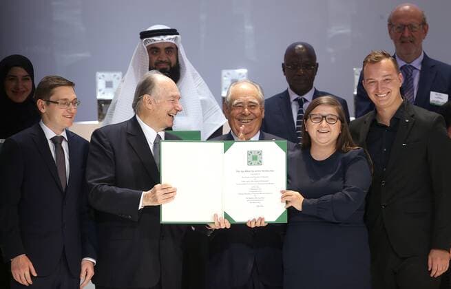 KAZAN, RUSSIA - SEPTEMBER 13, 2019: Prince Shah Karim Al Hussaini, Aga Khan IV (2nd L) and Mintimer Shaimiev (3rd L), State Counselor of the Republic of Tatarstan, during a ceremony to present the 2019 Aga Khan Award for Architecture at the Musa Dzhalil Opera and Ballet Theatre. Yegor Aleyev TASS  TS0BAAB4