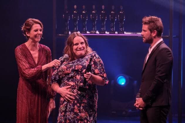 Fransesca Van Thielen, Ruth Beeckmans and Actor Kevin Janssens pictured during the award ceremony of the Ensors Flemish film prizes on the closing day of the 13th edition of the Oostende Film festival, Saturday 14 September 2019.  NICOLASxMAETERLINCK 05661944