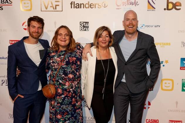 Ruth Beeckmans (2L) and actor Bruno Vanden Broecke (R) pictured during the award ceremony of the Ensors Flemish film prizes on the closing day of the 13th edition of the Oostende Film festival, Saturday 14 September 2019.  NICOLASxMAETERLINCK 05661931