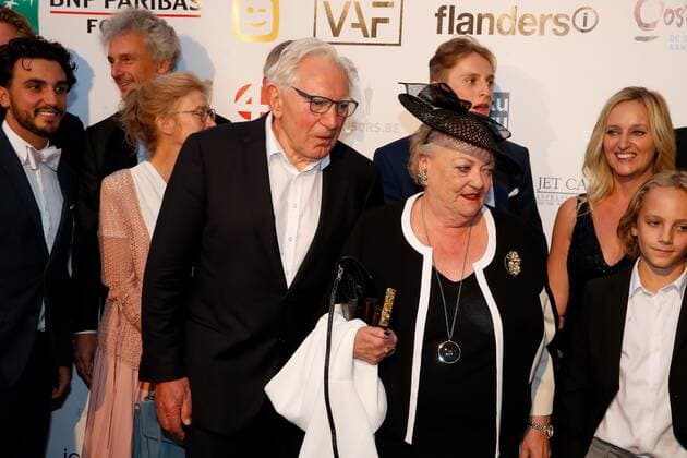 Cast and crew Niet Schieten, Jan Decleir (C-L) and actress Viviane De Muynck (C-R) pictured during the award ceremony of the Ensors Flemish film prizes on the closing day of the 13th edition of the Oostende Film festival, Saturday 14 September 2019.  NICOLASxMAETERLINCK 05661924