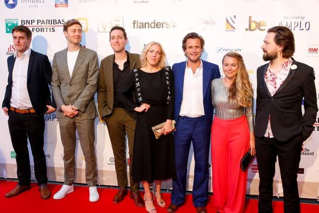 Tim Van Aelst (3R) pictured during the award ceremony of the Ensors Flemish film prizes on the closing day of the 13th edition of the Oostende Film festival, Saturday 14 September 2019.  NICOLASxMAETERLINCK 05661917