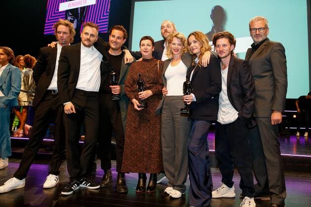 Cast and crew De dag pictured during the award ceremony of the Ensors Flemish film prizes on the closing day of the 13th edition of the Oostende Film festival, Saturday 14 September 2019.  NICOLASxMAETERLINCK 2394880