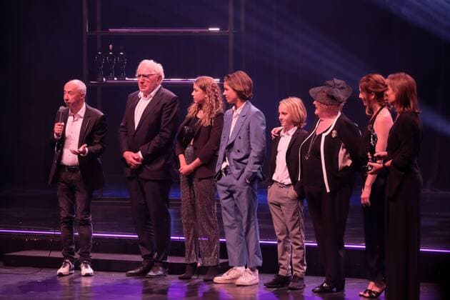 Cast and crew Niet Schieten and director Stijn Coninx (L) pictured during the award ceremony of the Ensors Flemish film prizes on the closing day of the 13th edition of the Oostende Film festival, Saturday 14 September 2019.  NICOLASxMAETERLINCK 2394884