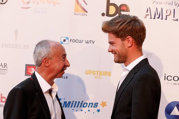 director Stijn Coninx and director Lukas Dhont pictured during the award ceremony of the Ensors Flemish film prizes on the closing day of the 13th edition of the Oostende Film festival, Saturday 14 September 2019.  NICOLASxMAETERLINCK 05661896