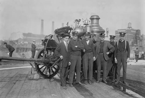 Group of Firemen with Horse-Drawn Fire Engine, New York City, New York, USA, Bain News Service, 1913  Copyright: CircaxImages ghi-circa02820