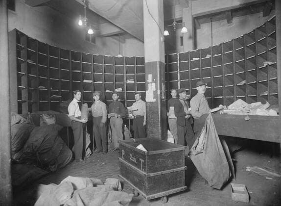Men Sorting Mail, Post Office, New York City, New York, USA, Bain News Service, 1910  Copyright: CircaxImages ghi-circa02920