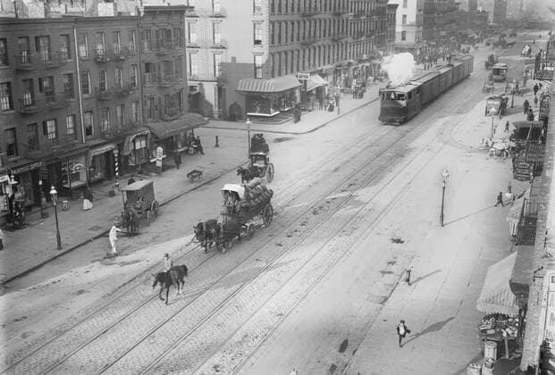 Mounted Escort Leading Train, Eleventh Ave at 28th Street, New York City, New York, USA, Bain News Service, circa 1900  Copyright: CircaxImages ghi-circa02922