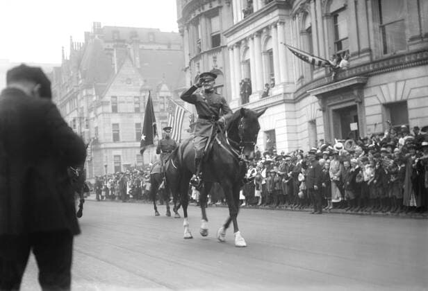 U.S. General John J. Pershing Saluting on Horseback while Leading World War I Veterans during Parade, New York City, New York, USA, Bain News Service, September 10, 1919  Copyright: CircaxImages ghi-circa02954