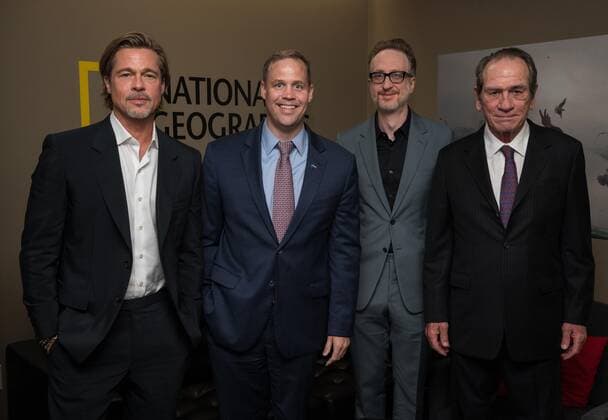 From left to right, actor Brad Pitt, NASA Administrator Jim Bridenstine, film producer, co-writer, and director James Gray, and actor Tommy Lee Jones pose for a photo in the green room before a screening of the film Ad Astra at National Geographic Society, on September 16, 2019, in Washington. Pitt stars as astronaut Roy McBride who travels deep into the solar system in hopes of solving a mystery that threatens life on Earth. NASA  WAX2019091706 AUBREYxGEMIGNANI