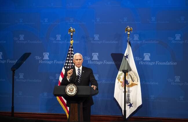 Vice President Mike Pence delivers remarks on the US-Mexico-Canada trade agreement at the Heritage Foundation in Washington, DC on Tuesday, September 17, 2019.  WAP20190917304 KEVINxDIETSCH
