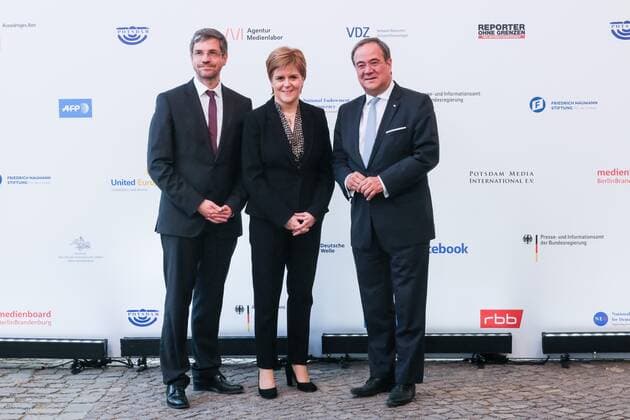 Mike Schubert, Lord Mayor of Potsdam, Nicola Sturgeon, First Minister of Scotland and Armin Laschet, Prime Minister of North Rhine-Westphalia on the arrival of the M100 Media Award From Pipedream to Reality Democracy and the European Public Sphere at the Orangerieschloss in Potsdam on 21 02 2019 Nicola Sturgeon receives M100 Media Award in Potsdam