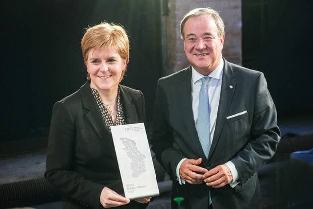 Nicola Sturgeon, First Minister of Scotland and Armin Laschet, Prime Minister of North Rhine-Westphalia at the M100 Media Award From Pipedream to Reality Ð Democracy and the European Public SphereÓ at the Orangery Palace in Potsdam on 21 02 2019 Nicola Sturgeon receives M100 Media Award in Potsdam