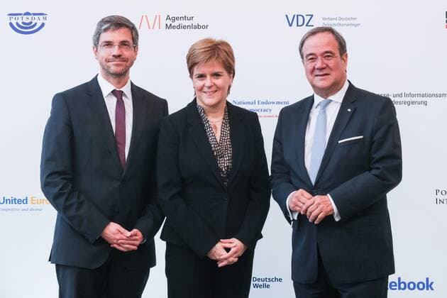 Mike Schubert, Lord Mayor of Potsdam, Nicola Sturgeon, First Minister of Scotland and Armin Laschet, Prime Minister of North Rhine-Westphalia on the arrival of the M100 Media Award From Pipedream to Reality Democracy and the European Public Sphere at the Orangerieschloss in Potsdam on 21 02 2019 Nicola Sturgeon receives M100 Media Award in Potsdam