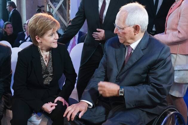 Armin Laschet, Prime Minister of North Rhine-Westphalia, Nicola Sturgeon, First Minister of Scotland and Wolfgang Schäuble on the arrival of the M100 Media Award From Pipedream to Reality Democracy and the European Public Sphere at the Orangerieschloss in Potsdam on 21 02 2019 Nicola Sturgeon receives M100 Media Award in Potsdam