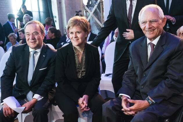 Armin Laschet, Prime Minister of North Rhine-Westphalia, Nicola Sturgeon, First Minister of Scotland and Wolfgang Schäuble on the arrival of the M100 Media Award From Pipedream to Reality Democracy and the European Public Sphere at the Orangerieschloss in Potsdam on 21 02 2019 Nicola Sturgeon receives M100 Media Award in Potsdam