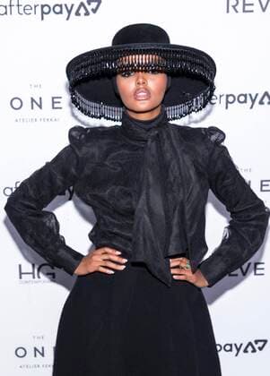 NY: 7th Annual Fashion Media Awards Halima Aden wearing Brock Collection, Jimmy Choo shoes and Victoria Hayes hat attends The Daily Front Row 7th Fashion Media Awards at The Rainbow Room at Rockefeller Center New York New York United States The Rainbow Room  SamxAronov