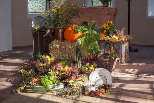 Obst und Gemüse am Erntedankaltar, Erntedank, Liebfrauenkirche im Herbst, Fischerhude, Niedersachsen, Deutschland, Europa Erntedankfest *** fruit and vegetables at the harvest altar, harvest thanksgiving, Liebfrauenkirche in autumn, Fischerhude, Lower Saxony, Germany, Europe harvest festival  1093403242