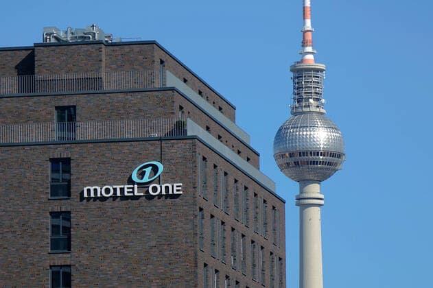 Motel one and television tower Motel one and television tower, 22 09 2019, Mitte, Berlin, Behind the building of Motel one stands the Berlin television tower