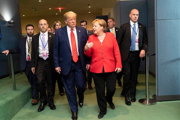 September 24, 2019 - New York, New York, USA - President DONALD TRUMP participates in a pull-aside with with ANGELA MERKEL Tuesday, September 24, 2019, at the United Nations Headquarters in New York City. New York U.S. - ZUMAz03_ 20190924_sha_z03_248 Copyright: xWhitexHousex