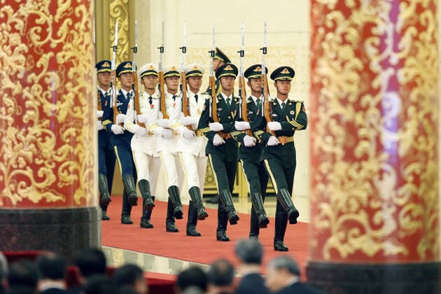 (190929) -- BEIJING, Sept. 29, 2019 -- Guards of honor enter the venue of the presentation ceremony at the Great Hall of the People in Beijing, capital of China, Sept. 29, 2019. China held the presentation ceremony for national medals and national honorary titles on Sunday at the Great Hall of the People, ahead of the 70th anniversary of the founding of the People s Republic of China (PRC) on Oct. 1. ) CHINA-BEIJING-NATIONAL MEDALS-HONORARY TITLES-PRC FOUNDING-70TH ANNIVERSARY (CN) YaoxDawei 
