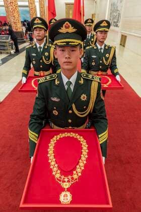 BEIJING, CHINA - SEPTEMBER 29: Guards of honor hold medals during Presentation Ceremony For National Medals and National Honorary Titles at the Great Hall of the People on September 29, 2019 in Beijing, China.  Copyright: xVCGx CFP111251769313
