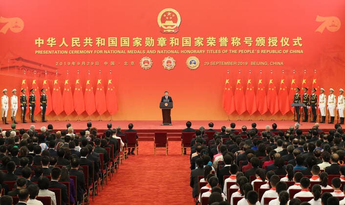 (190929) -- BEIJING, Sept. 29, 2019 -- Chinese President Xi Jinping, also general secretary of the Communist Party of China Central Committee and chairman of the Central Military Commission, delivers a speech at the presentation ceremony of the national medals and honorary titles of the People s Republic of China at the Great Hall of the People in Beijing, capital of China, Sept. 29, 2019. Xi presented the medals to the awardees before the speech. ) CHINA-BEIJING-NATIONAL MEDALS AND HONORARY TITLES-PRESENTATION CEREMONY (CN) HuangxJingwen 