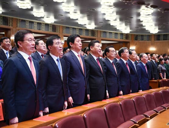 (190929) -- BEIJING, Sept. 29, 2019 -- Xi Jinping, Li Keqiang, Li Zhanshu, Wang Yang, Wang Huning, Zhao Leji, Han Zheng and Wang Qishan join over 4,000 people to watch a high-profile art performance, named Stride Forward, the Nation, at the Great Hall of the People in Beijing, capital of China, Sept. 29, 2019. The performance was held here on Sunday evening in celebration of the 70th founding anniversary of the People s Republic of China. ) CHINA-BEIJING-ART PERFORMANCE-70TH FOUNDING ANNIVERSARY-PRC (CN) XiexHuanchi