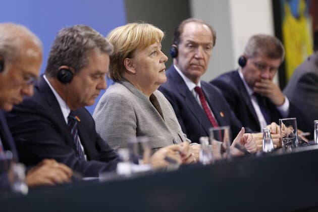 Germany: Press conference in the Federal Chancellery Chancellor Angela Merkel at the press conference in the Federal Chancellery. The photo shows the deputy. David Lipton, Director IMF, Secretary-General of the OECD, Angel Gurría, Secretary-General of the WTO, Roberto Azevêdo, ILO Secretary-General Guy Ryder and World Bank President David Malpass. Berlin Berlin-Tiergarten Germany Federal Chancellery, Willy-Brandt-Straße 1, 10557 Berlin  SimonexKuhlmey