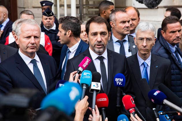 Bilder des Jahres 2019, News 10 Oktober News Themen der Woche KW40 News Bilder des Tages Paris, Fünf Tote bei Messerattacke in Pariser Polizeipräfektur Paris, France, October 3rd, 2019 - Deadly knife attack inside the Paris Prefecture. The authorities concerned are holding a press briefing. In the presence of Remy Heitz (L), Christophe Castaner (C) Didier Lallement (R).  Copyright: xAlexisxSciardx