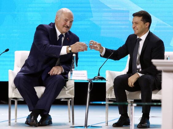 ZHYTOMYR, UKRAINE - OCTOBER 4, 2019: Belarusian President Alexander Lukashenko (L) and Ukraine s President Volodymyr (Vladimir) Zelensky attend the 2nd Forum of Regions of Ukraine and Belarus; the annual forum is aimed at boosting bilateral relations, cooperation between Ukrainian and Belarusian businesses, and joint efforts to manage environmental issues. Pyotr Sivkov TASS  TS0BDA55