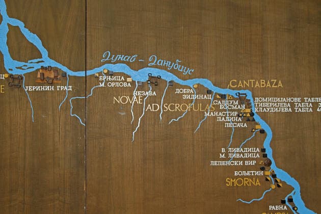 Ancient Roman map of the Danube River, translated in Serbian Cyrillic, National Archaeological Museum Djerdap, Kladovo, Serbia. Copyright: xD-AAIA-1912x