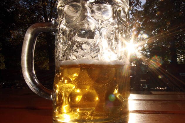 Low evening sun makes a half-full Masskrug beer shine in the Königlicher Hirschgarten beer garden in Munich, Bavaria, Germany