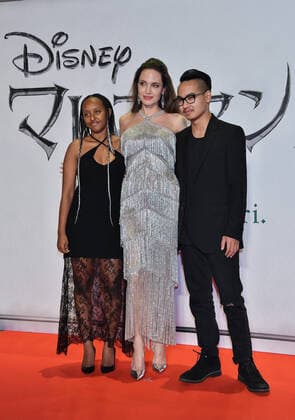 (L-R)Zahara Marley Jolie-Pitt, Angelina Jolie and Maddox Jolie-Pitt attend the Japan premiere for Maleficent: Mistress of Evil at Roppongi Hills Arena in Tokyo, Japan on October 3, 2019.  (113909925)