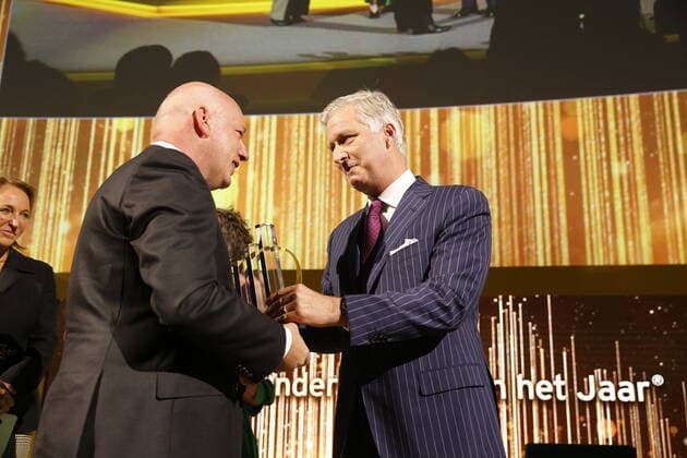 King Philippe - Filip of Belgium hands the trophy to winner Kinepolis co-CEO Eddy Duquenne at the award ceremony for the Onderneming van het Jaar (Dutch-speaking company of the year), Tuesday 08 October 2019, in Brussels.  NICOLASxMAETERLINCK 05682806
